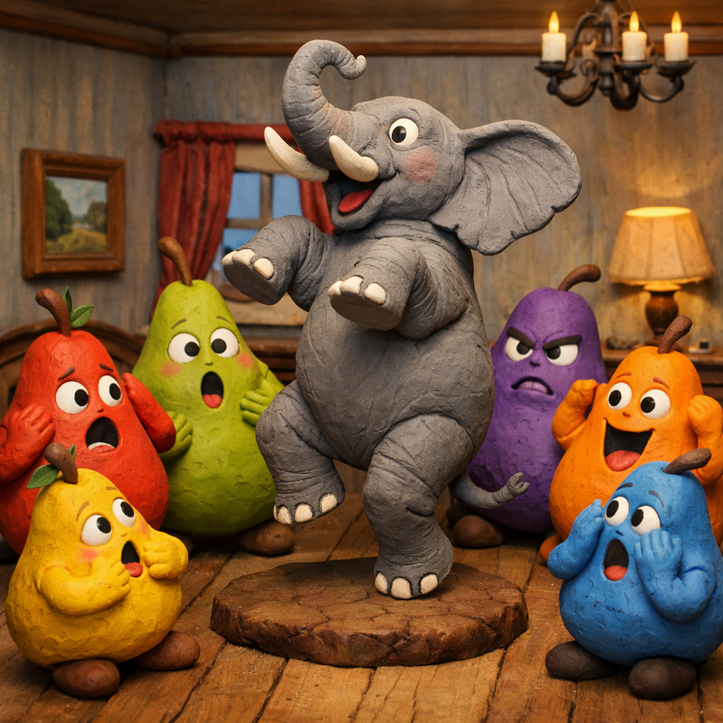 AI-generated image of an elephant surrounded by colorful pears